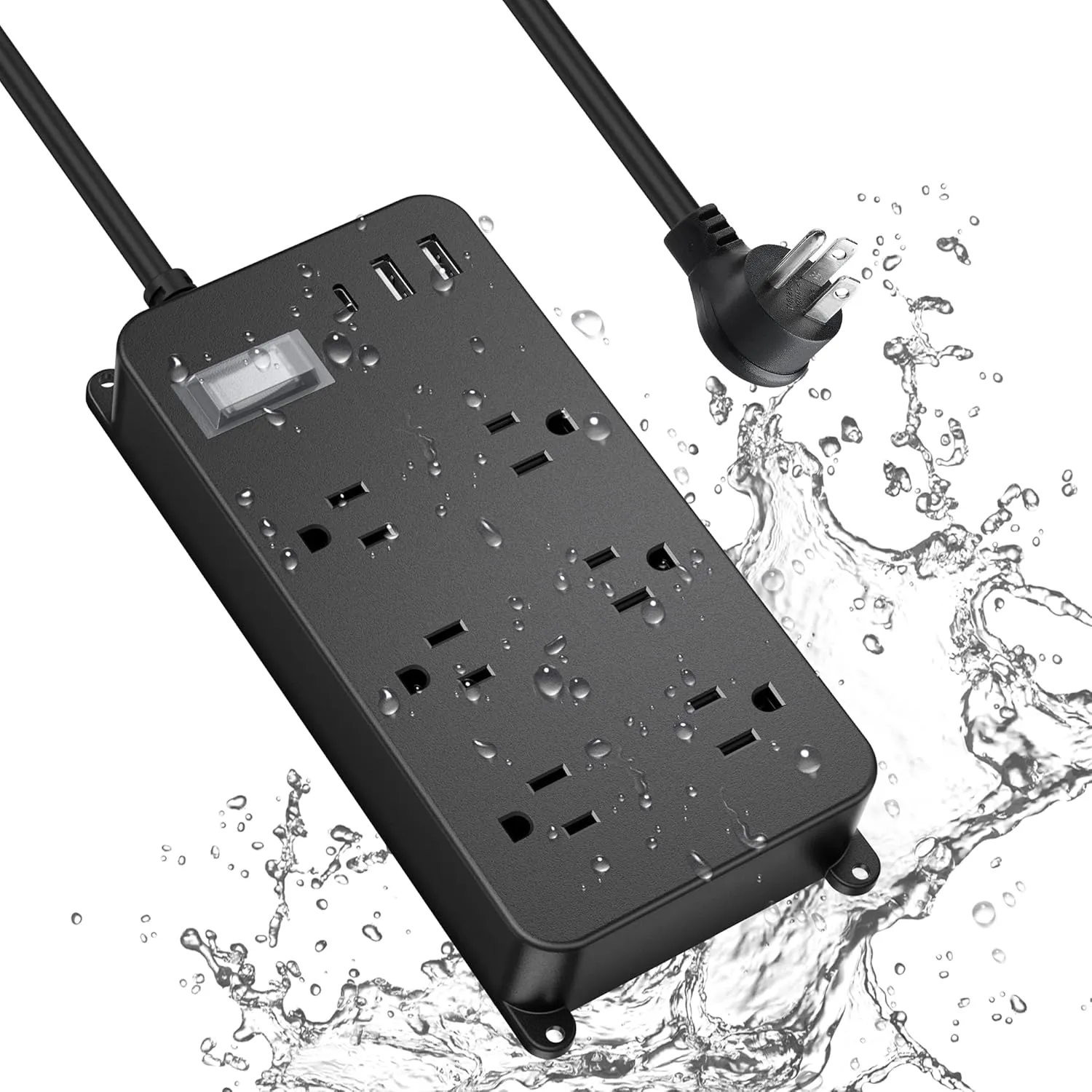 Outdoor Power Strip Weatherproof with USB C,IPX6 Waterproof Surge Protector Wall Mount Multi Outlet Extension for Patio Accessories,6 Outlets and 3 USB Ports,10ft Cable,Flat Plug(2000 Joules)