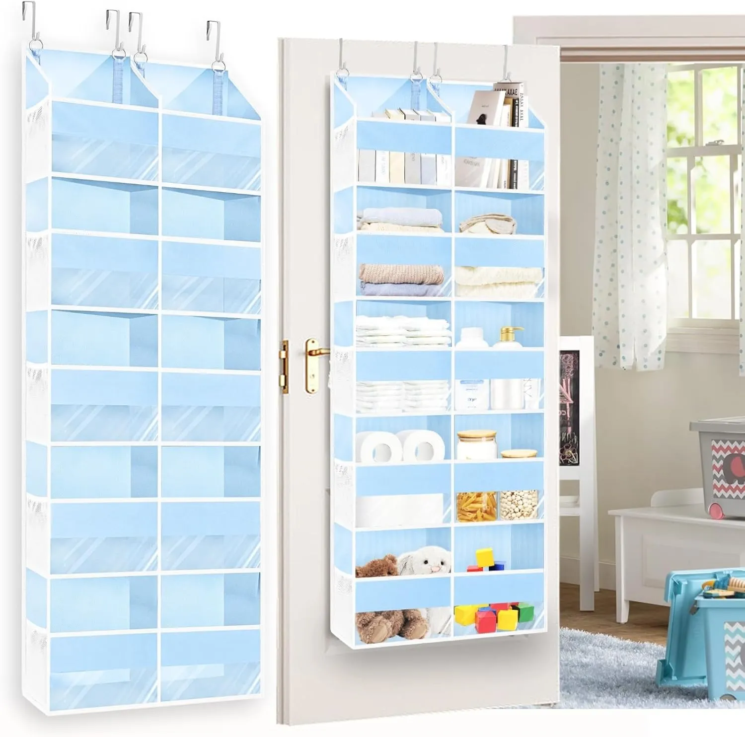 Over The Door Organizer, 5-Tier Extra Large Storage with 10 Compartments, 80 lbs Capacity, Door Hanging Organizer for Closet, Diaper Organizer (Blue)