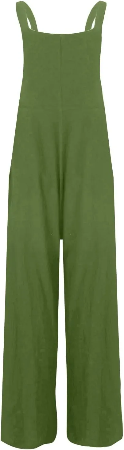 Overalls for Women Casual Sleeveless Linen Jumpsuits Straps Bib Overall Baggy Pleated Summer Rompers with Pockets
