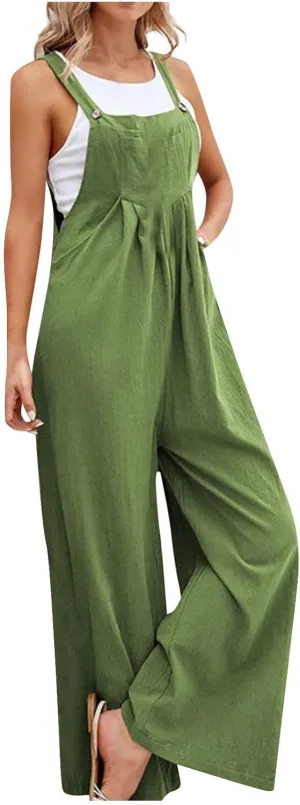 Overalls for Women Casual Sleeveless Linen Jumpsuits Straps Bib Overall Baggy Pleated Summer Rompers with Pockets