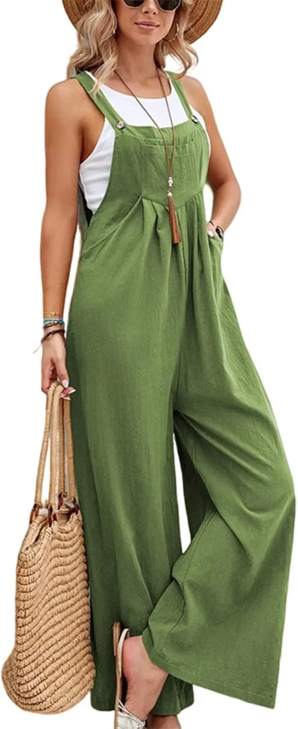 Overalls for Women Casual Sleeveless Linen Jumpsuits Straps Bib Overall Baggy Pleated Summer Rompers with Pockets
