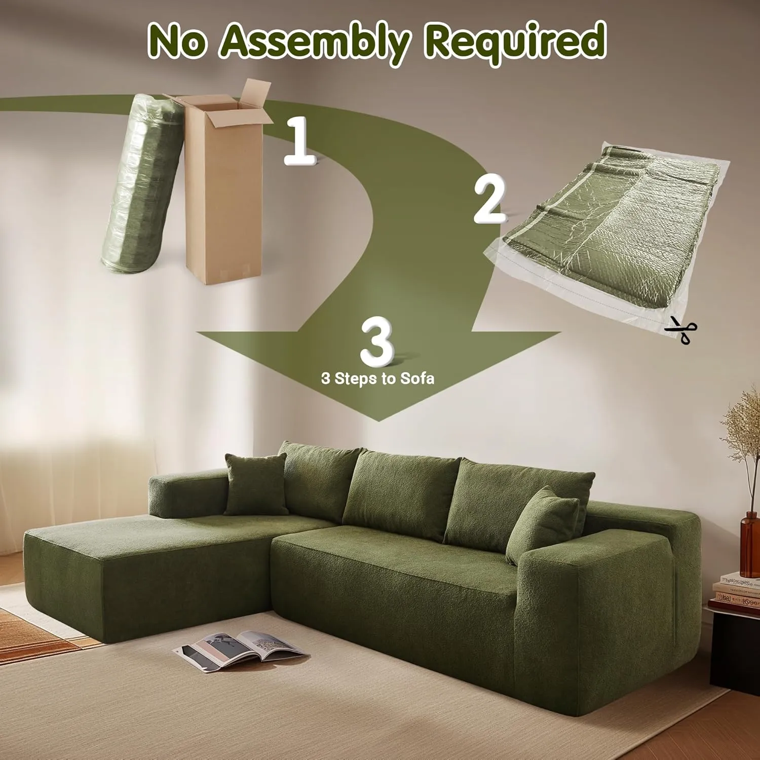 ovios 104" Cloud Sectional Couch with L-Shape Chaise,Modern Modular Sofa with Deep Seat, Upholstered Couches for Living Room Bedroom,No Assembly Required, Green (Cloud Velvet)