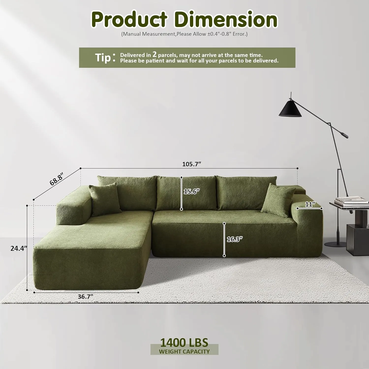 ovios 104" Cloud Sectional Couch with L-Shape Chaise,Modern Modular Sofa with Deep Seat, Upholstered Couches for Living Room Bedroom,No Assembly Required, Green (Cloud Velvet)