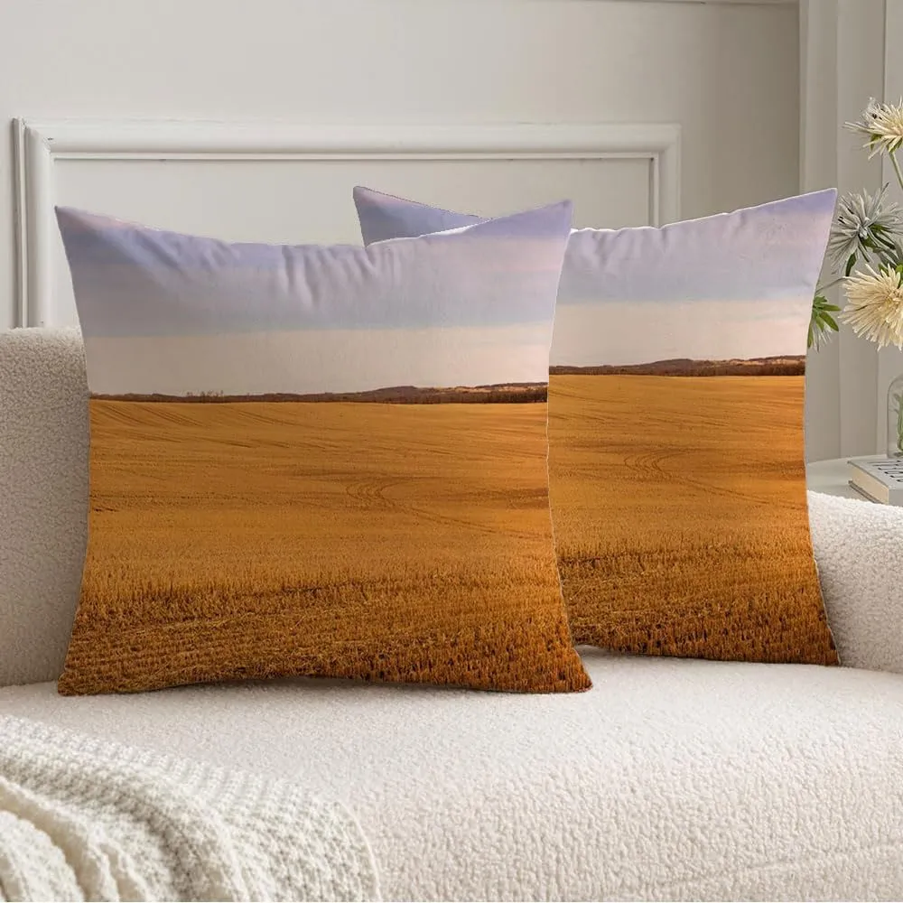 Pack of 2 Velvet Square Pillow Covers 18 x 18 Farmland Autumn Landscape Prairie Canada After Harvest Scenery Nature Agricultural Parks Outdoor Farmhouse Boho Pillow Covers for Sofa Couch Home Décor