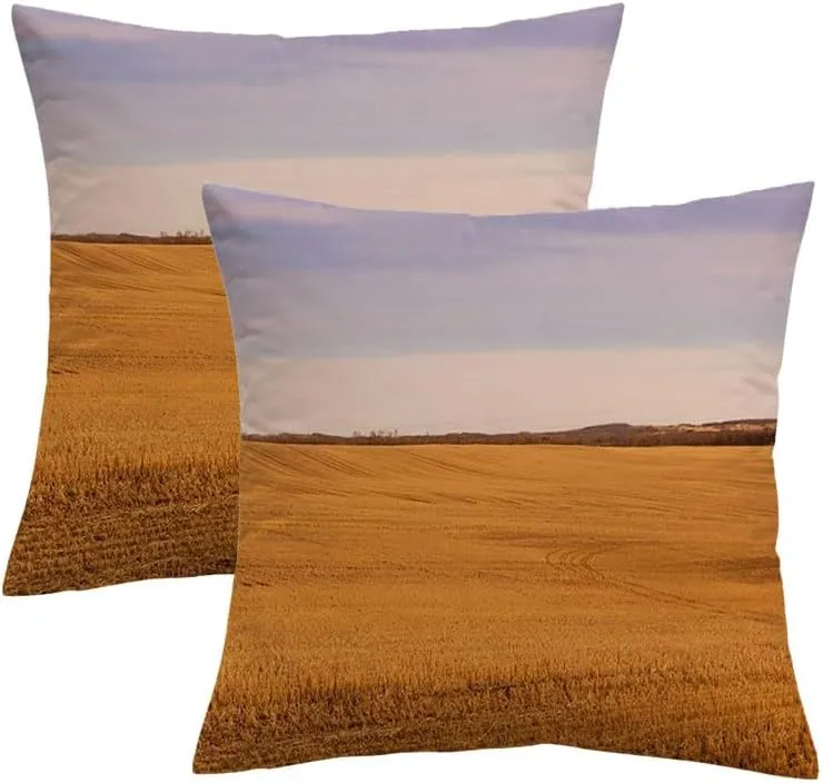 Pack of 2 Velvet Square Pillow Covers 18 x 18 Farmland Autumn Landscape Prairie Canada After Harvest Scenery Nature Agricultural Parks Outdoor Farmhouse Boho Pillow Covers for Sofa Couch Home Décor