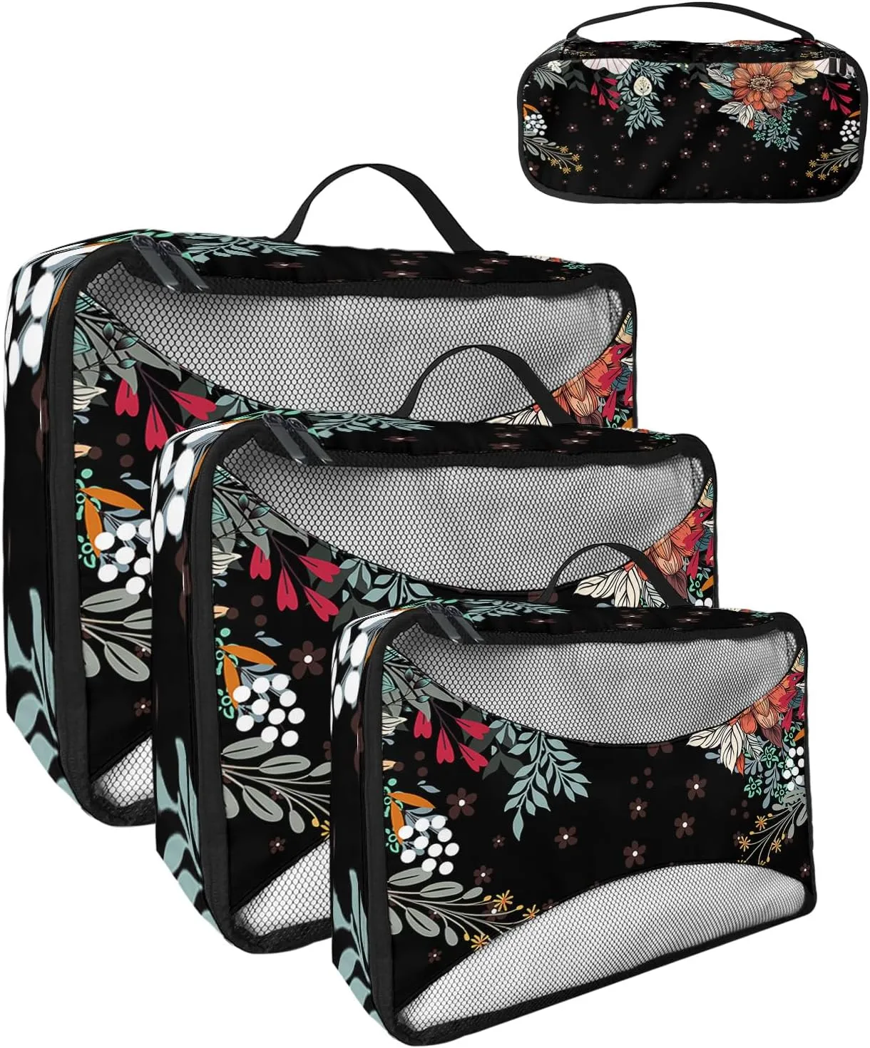 Packing Cubes for Travel, 4 Set Travel Packing Organized Cubes Boho Flower Plant Bohemian Abstract Floral Black Waterproof Luggage Organizer Shoe Bag Travel Accessories for Carry On Suitcases