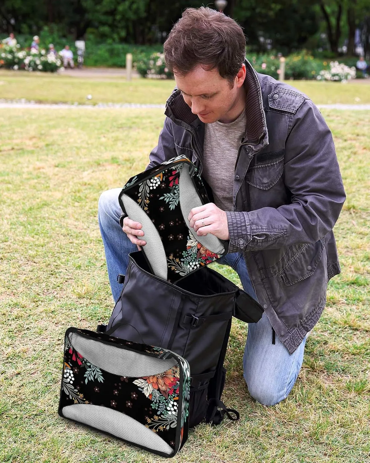 Packing Cubes for Travel, 4 Set Travel Packing Organized Cubes Boho Flower Plant Bohemian Abstract Floral Black Waterproof Luggage Organizer Shoe Bag Travel Accessories for Carry On Suitcases