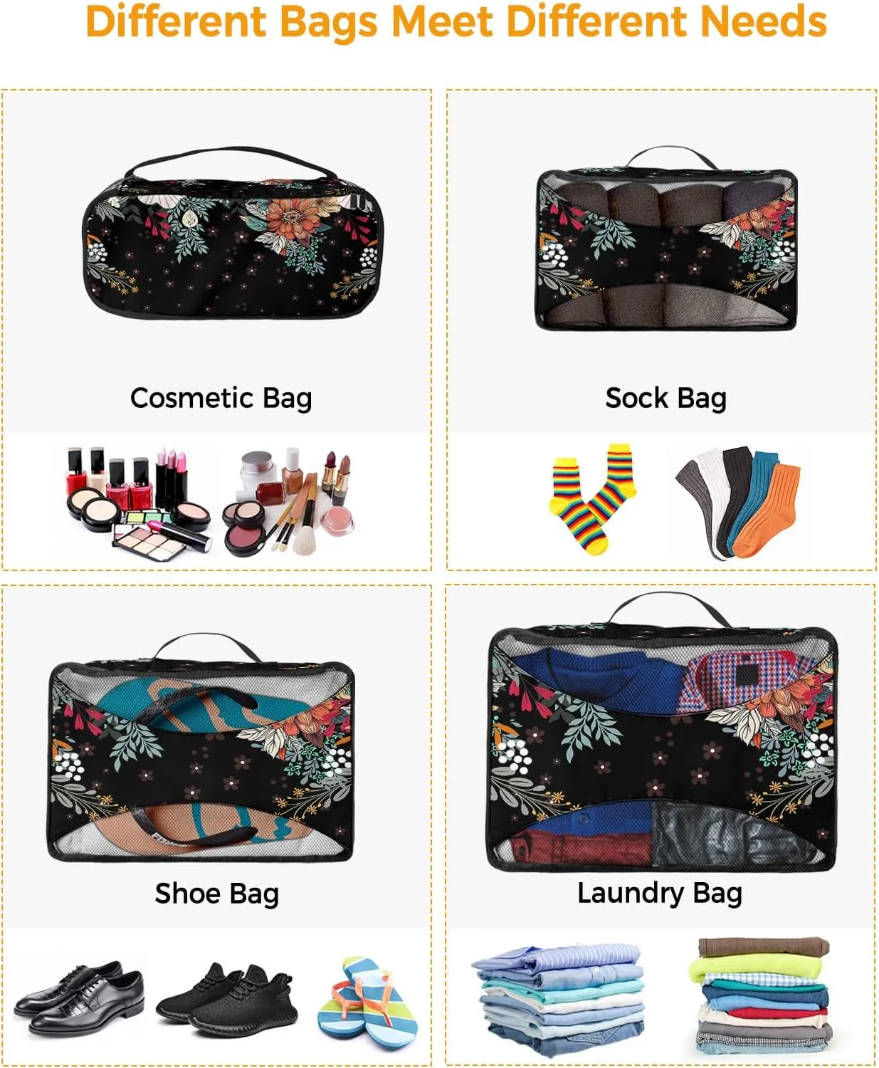 Packing Cubes for Travel, 4 Set Travel Packing Organized Cubes Boho Flower Plant Bohemian Abstract Floral Black Waterproof Luggage Organizer Shoe Bag Travel Accessories for Carry On Suitcases