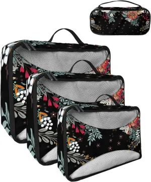 Packing Cubes for Travel, 4 Set Travel Packing Organized Cubes Boho Flower Plant Bohemian Abstract Floral Black Waterproof Luggage Organizer Shoe Bag Travel Accessories for Carry On Suitcases
