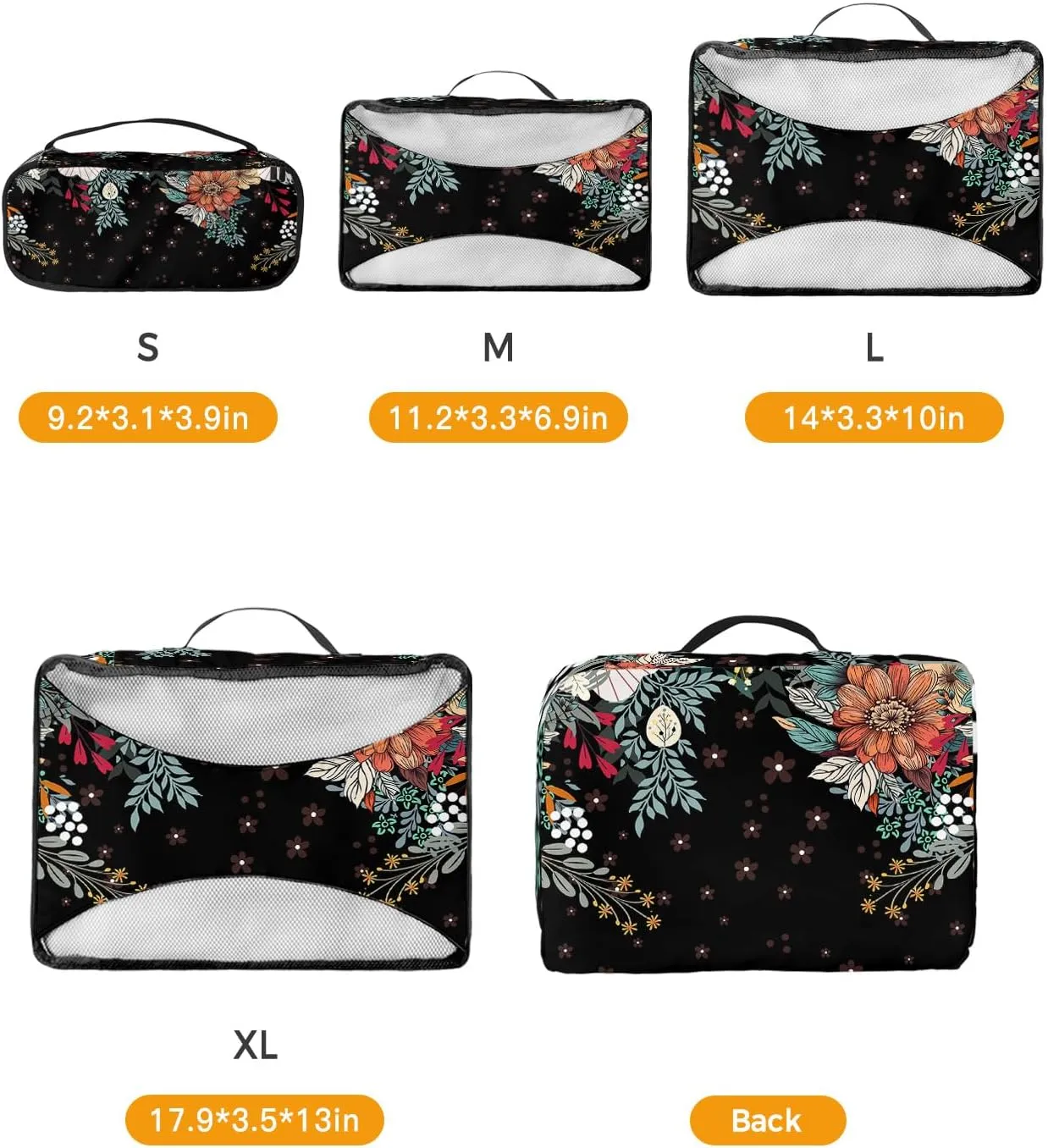 Packing Cubes for Travel, 4 Set Travel Packing Organized Cubes Boho Flower Plant Bohemian Abstract Floral Black Waterproof Luggage Organizer Shoe Bag Travel Accessories for Carry On Suitcases