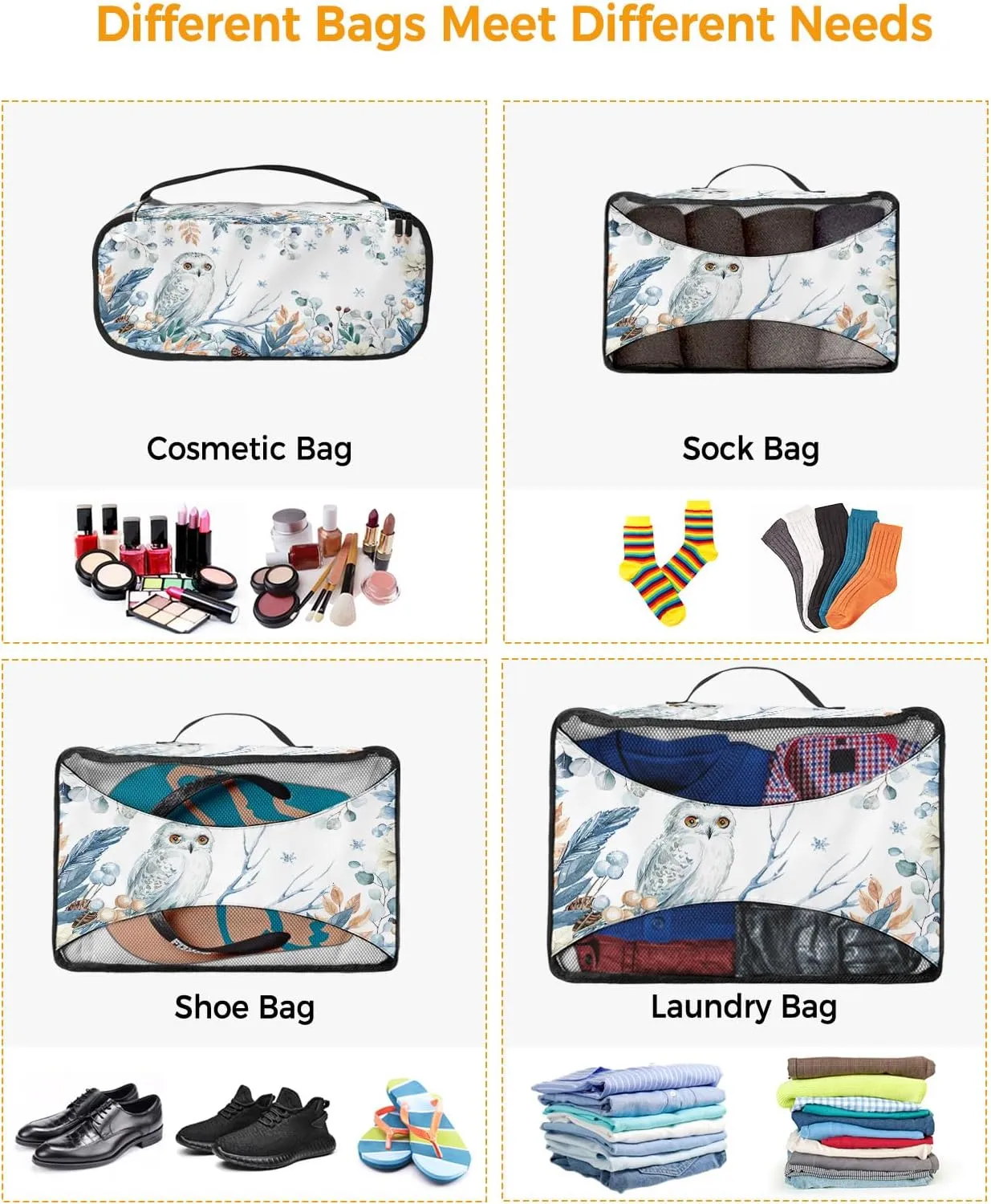 Packing Cubes for Travel, 4 Set Travel Packing Organized Cubes Christmas Owl Berry Xmas Balls Leaves and Waterproof Luggage Organizer with Laundry Bag Travel Accessories for Carry On Suitcases