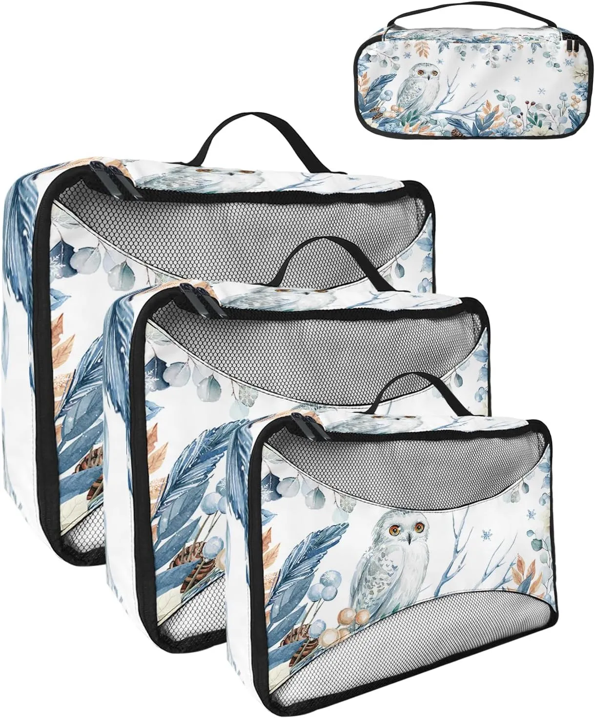 Packing Cubes for Travel, 4 Set Travel Packing Organized Cubes Christmas Owl Berry Xmas Balls Leaves and Waterproof Luggage Organizer with Laundry Bag Travel Accessories for Carry On Suitcases