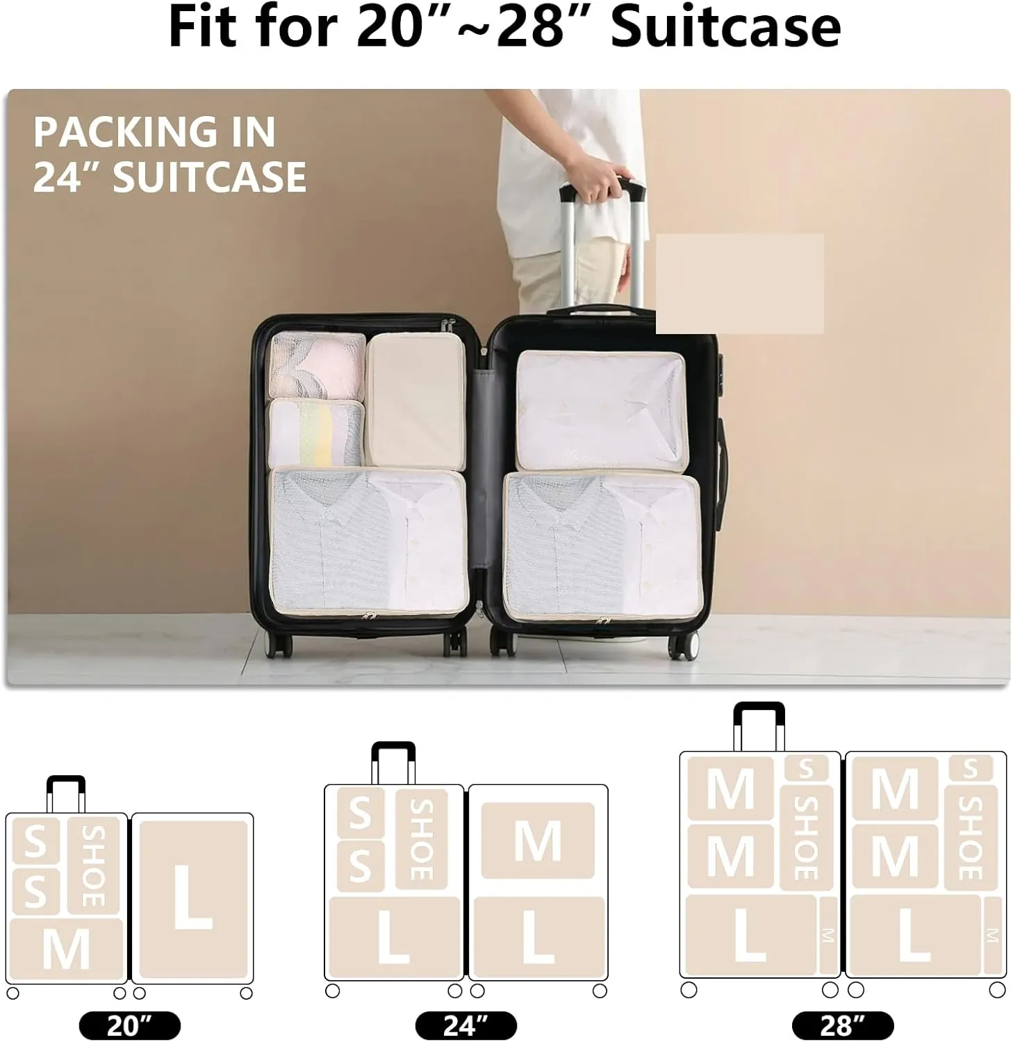 Packing cubes for Travel 6 Set Luggage Organizer Bags Packing Cubes for Suitcases Travel Essentials for Carry on Mesh Suitcase Organizer with Shoe Bag (cream)