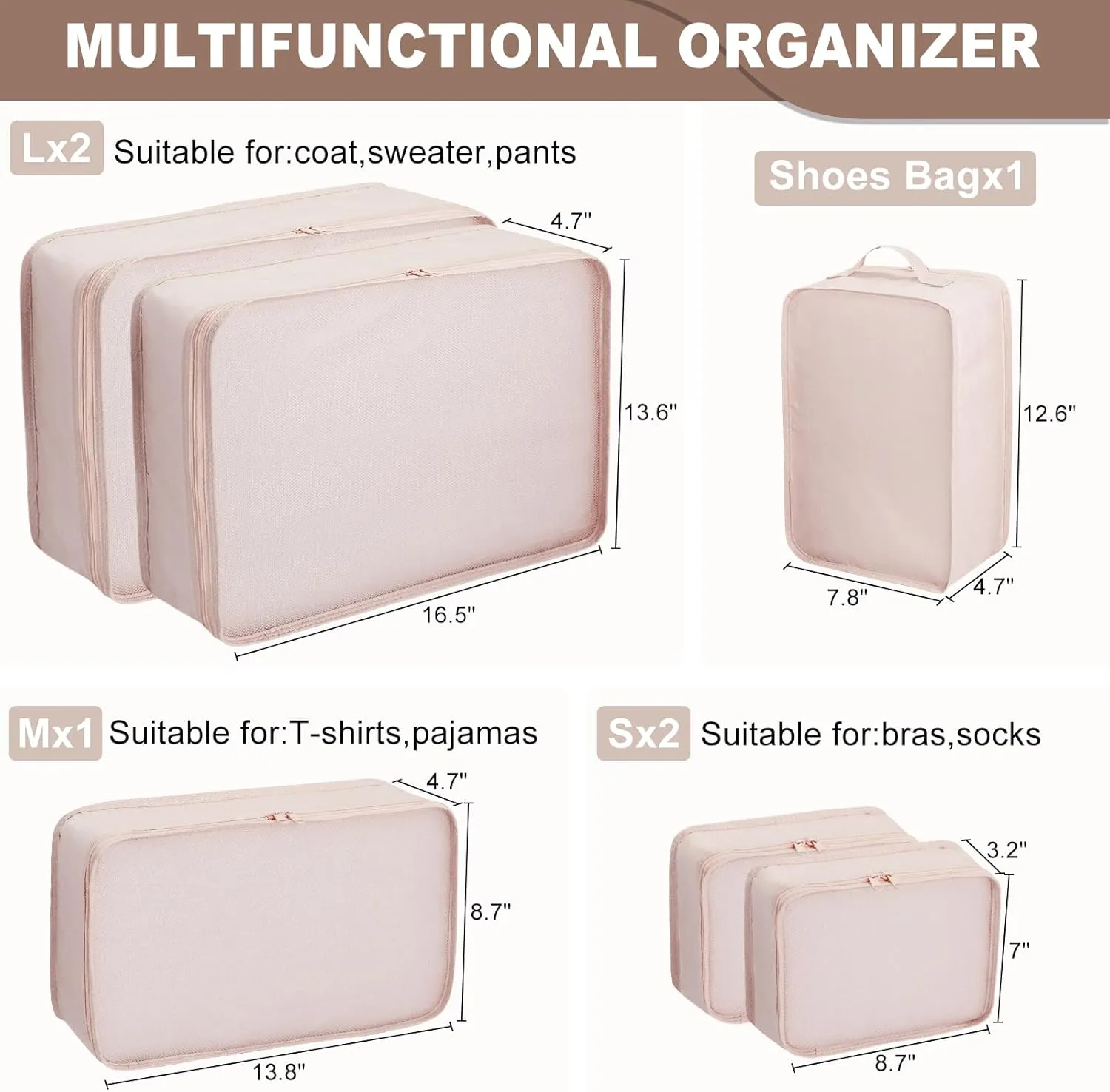 Packing cubes for Travel 6 Set Luggage Organizer Bags Packing Cubes for Suitcases Travel Essentials for Carry on Mesh Suitcase Organizer with Shoe Bag (cream)
