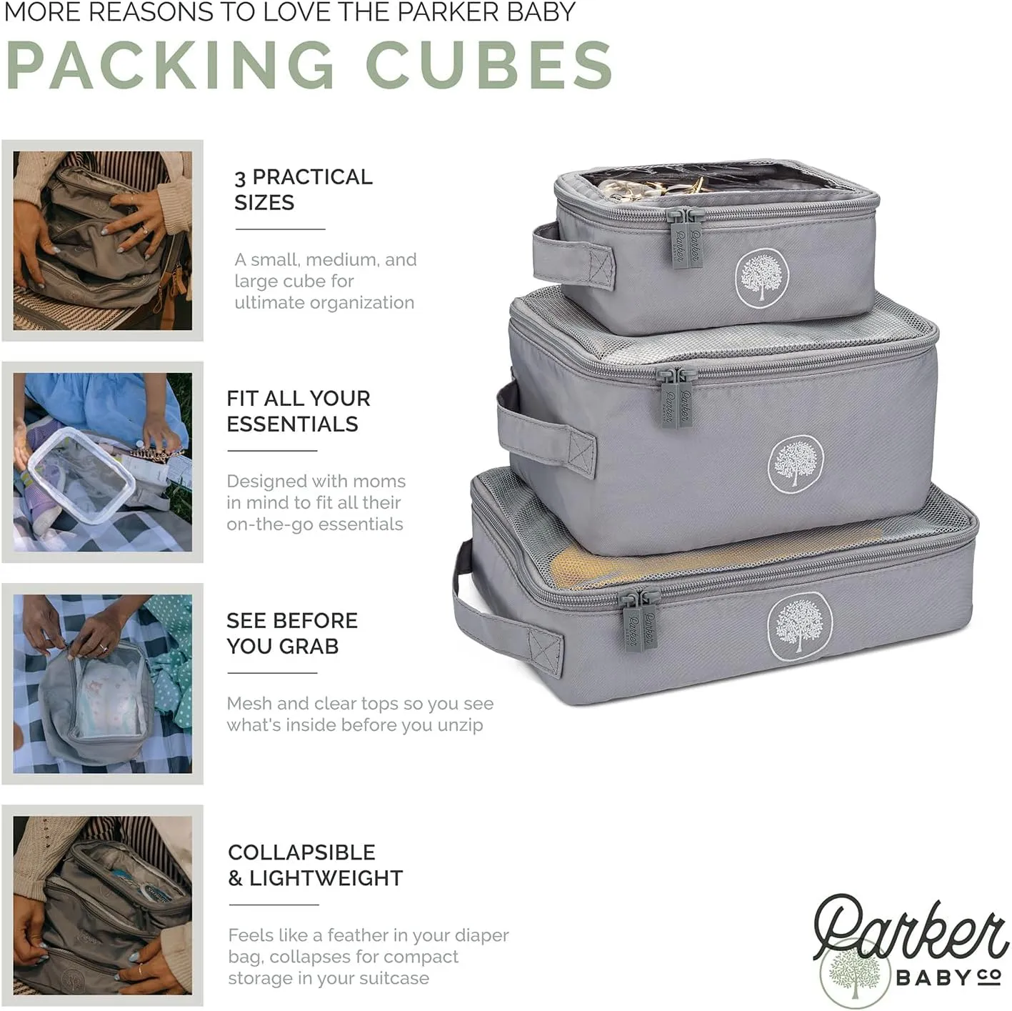 Parker Baby Co. Lightweight Packing Cube Set 3-Pack | Collapsible, Durable, Mesh & Clear Top | Travel Organizer for Diaper Bags, Luggage - Gray/Gray Buffalo