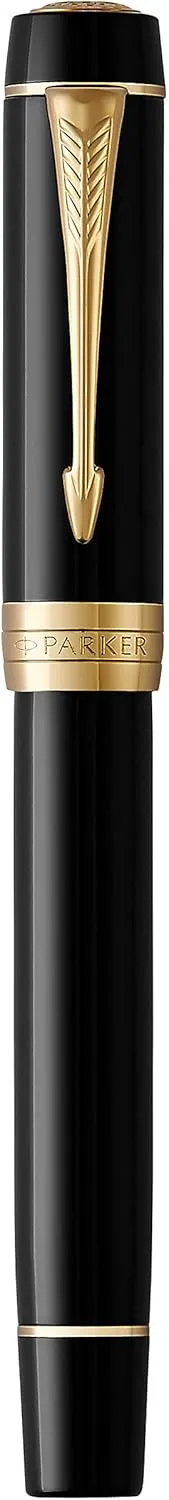 Parker Duofold Centennial Fountain Pen, Classic Black with Gold Trim, Medium Solid Gold Nib, Black Ink and Convertor (1931382)