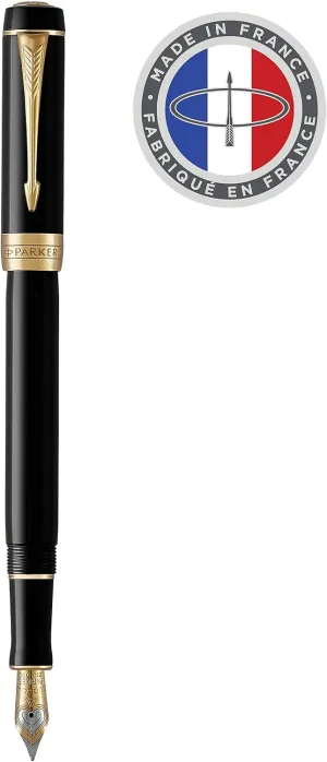 Parker Duofold Centennial Fountain Pen, Classic Black with Gold Trim, Medium Solid Gold Nib, Black Ink and Convertor (1931382)