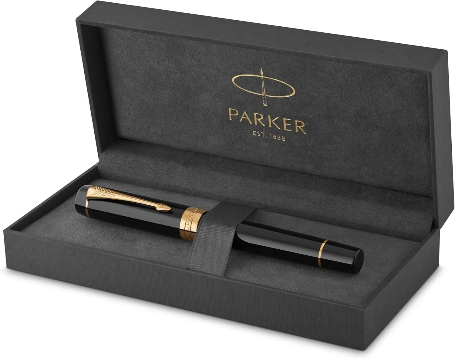 Parker Duofold Centennial Fountain Pen, Classic Black with Gold Trim, Medium Solid Gold Nib, Black Ink and Convertor (1931382)