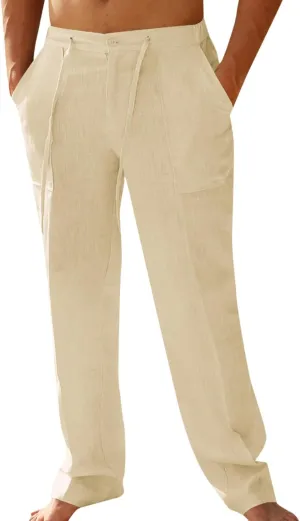 PASLTER Mens Casual Linen Pants Loose Fit Elastic Drawstring Waist Straight-Legs Summer Yoga Beach Long Pants