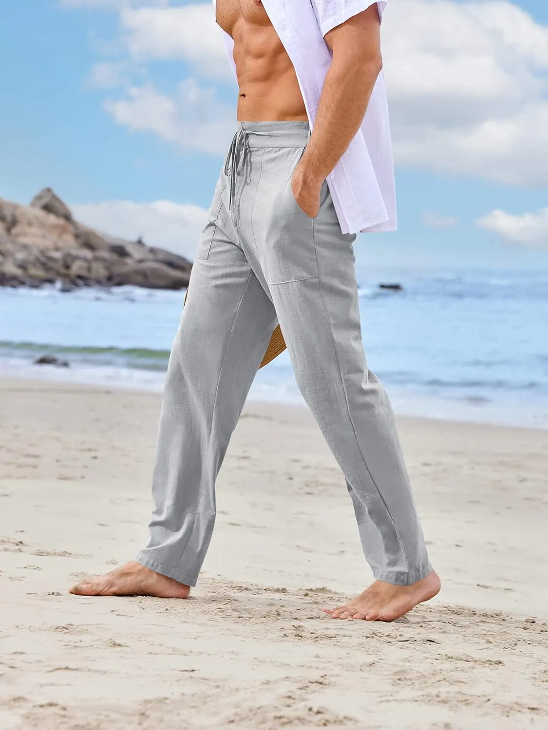 PASLTER Mens Casual Linen Pants Loose Fit Elastic Drawstring Waist Straight-Legs Summer Yoga Beach Long Pants