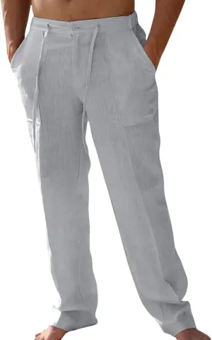 PASLTER Mens Casual Linen Pants Loose Fit Elastic Drawstring Waist Straight-Legs Summer Yoga Beach Long Pants