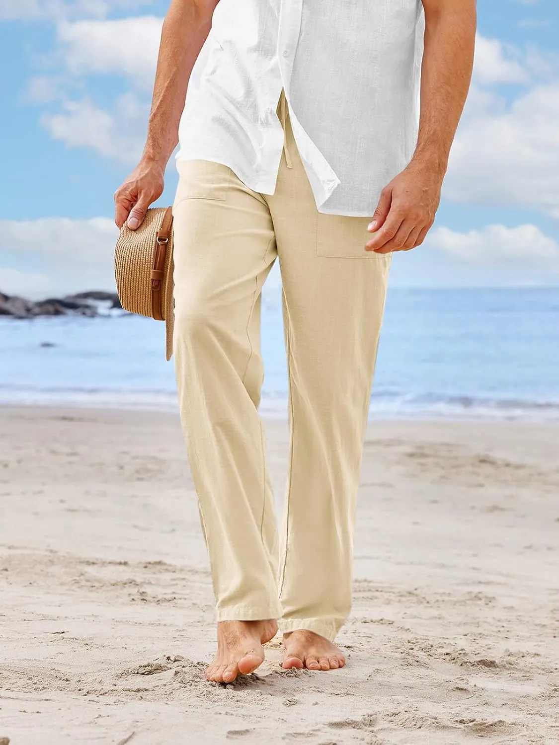 PASLTER Mens Casual Linen Pants Loose Fit Elastic Drawstring Waist Straight-Legs Summer Yoga Beach Long Pants