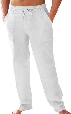 PASLTER Men's Cotton Linen Pants Elastic Waist Drawstring Casual Trouser Lightweight Straight-Legs Loose Beach Yoga Pants