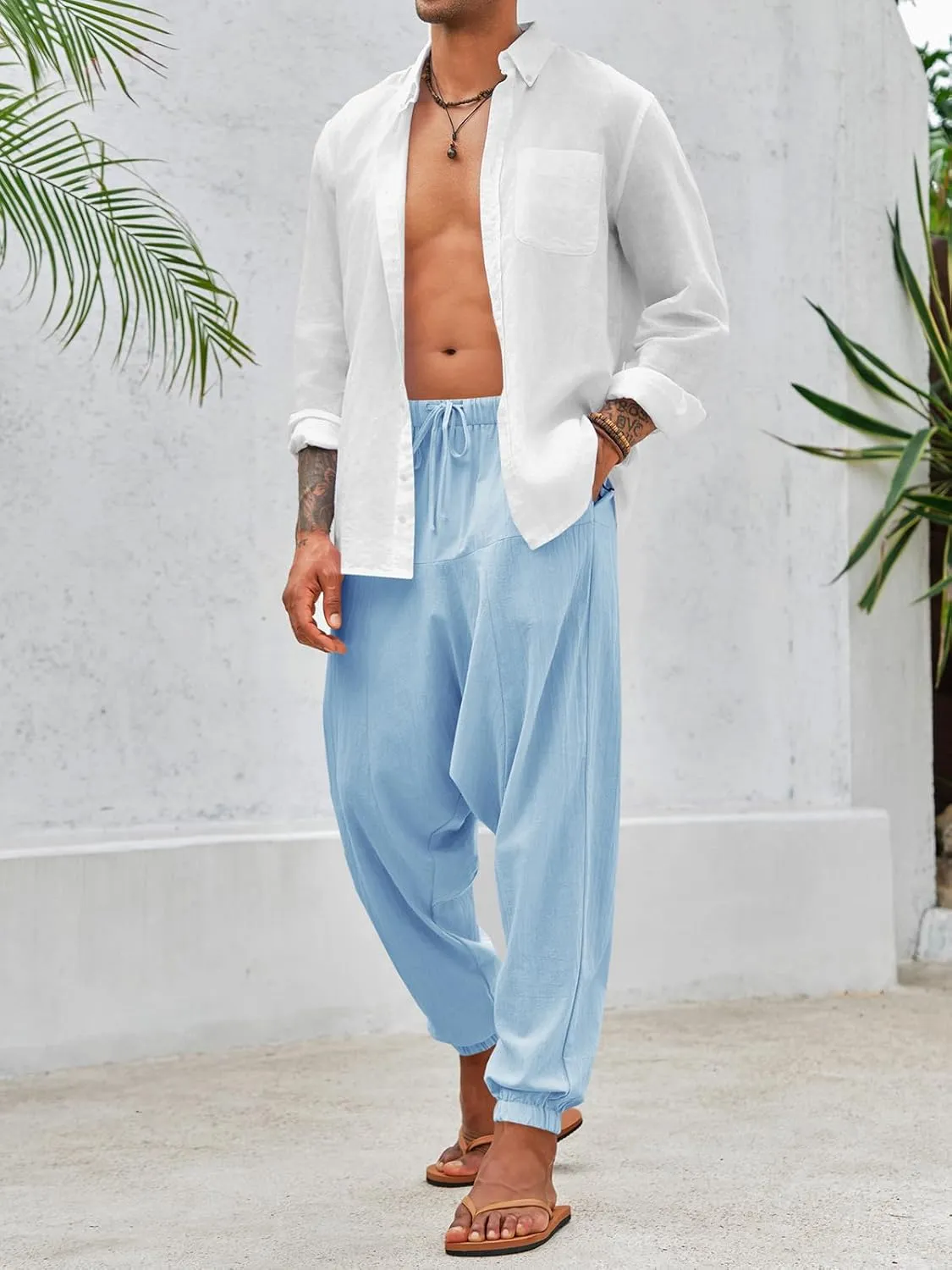 PASLTER Mens Harem Pants Baggy Casual Cotton Linen Boho Yoga Drop Crotch Hippie Trousers