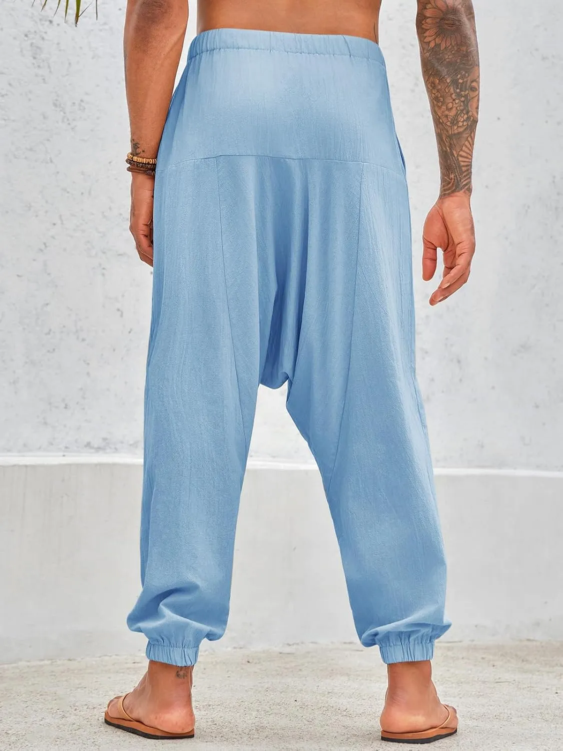 PASLTER Mens Harem Pants Baggy Casual Cotton Linen Boho Yoga Drop Crotch Hippie Trousers