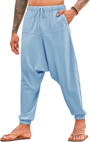 PASLTER Mens Harem Pants Baggy Casual Cotton Linen Boho Yoga Drop Crotch Hippie Trousers