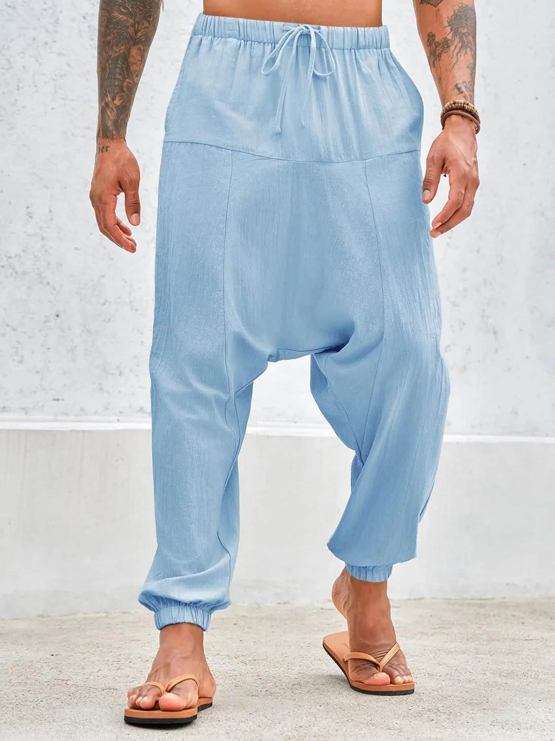 PASLTER Mens Harem Pants Baggy Casual Cotton Linen Boho Yoga Drop Crotch Hippie Trousers