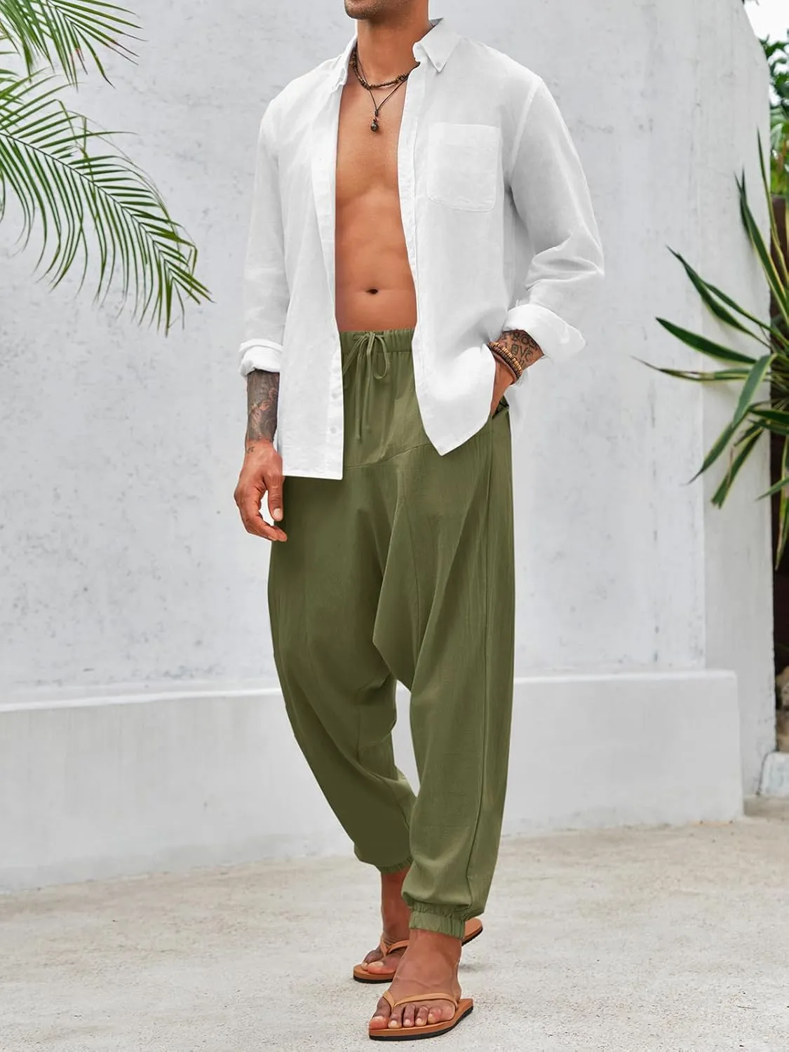 PASLTER Mens Harem Pants Baggy Casual Cotton Linen Boho Yoga Drop Crotch Hippie Trousers