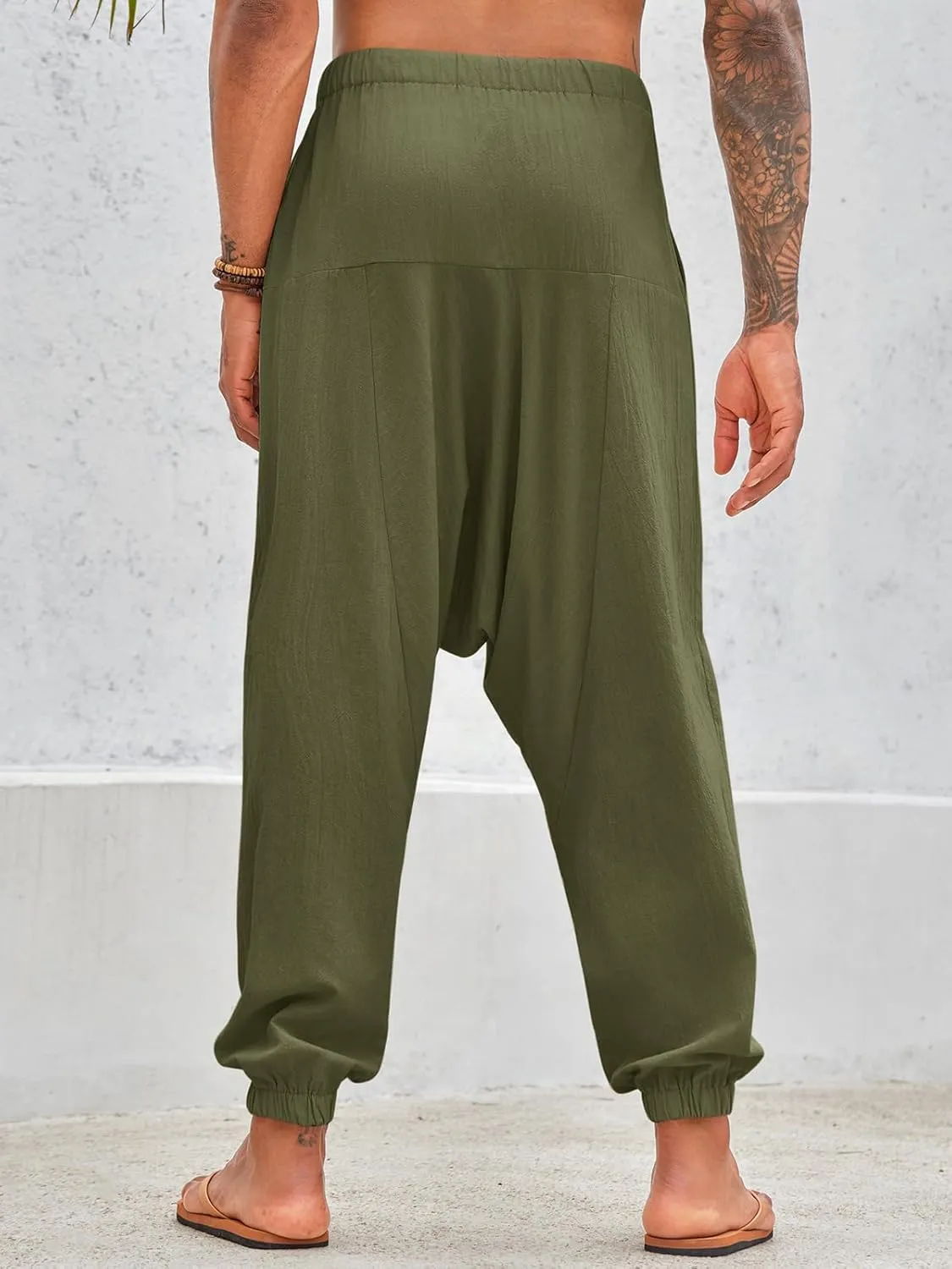 PASLTER Mens Harem Pants Baggy Casual Cotton Linen Boho Yoga Drop Crotch Hippie Trousers