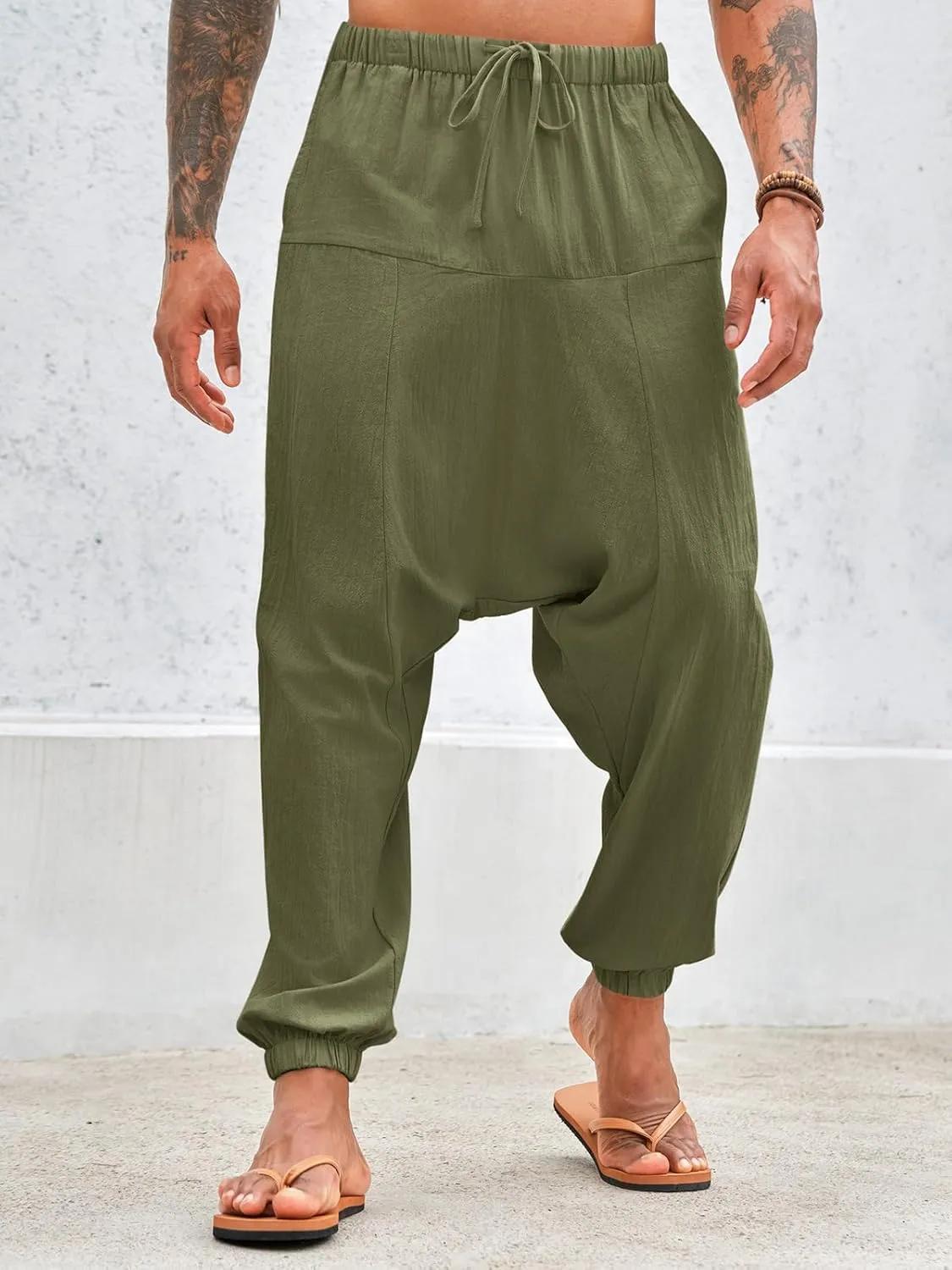 PASLTER Mens Harem Pants Baggy Casual Cotton Linen Boho Yoga Drop Crotch Hippie Trousers