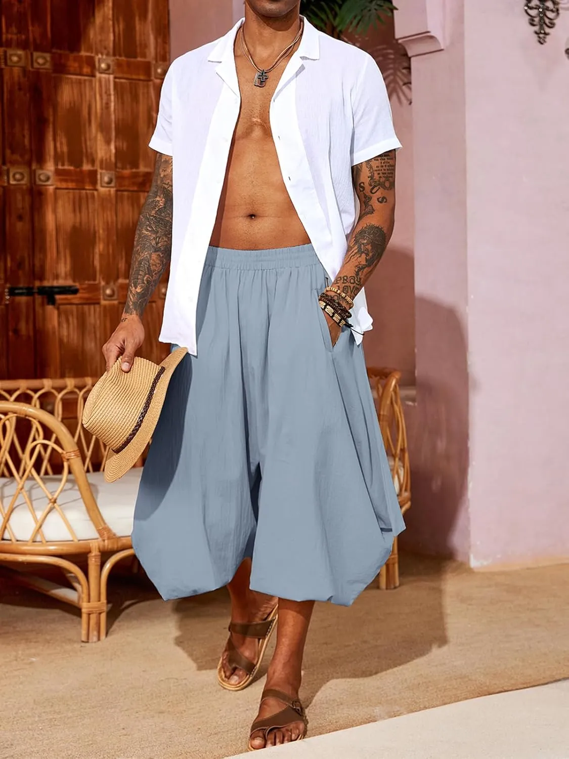 PASLTER Mens Harem Pants Linen Yoga Beach Baggy Summer Boho Aladdin Genie Pants