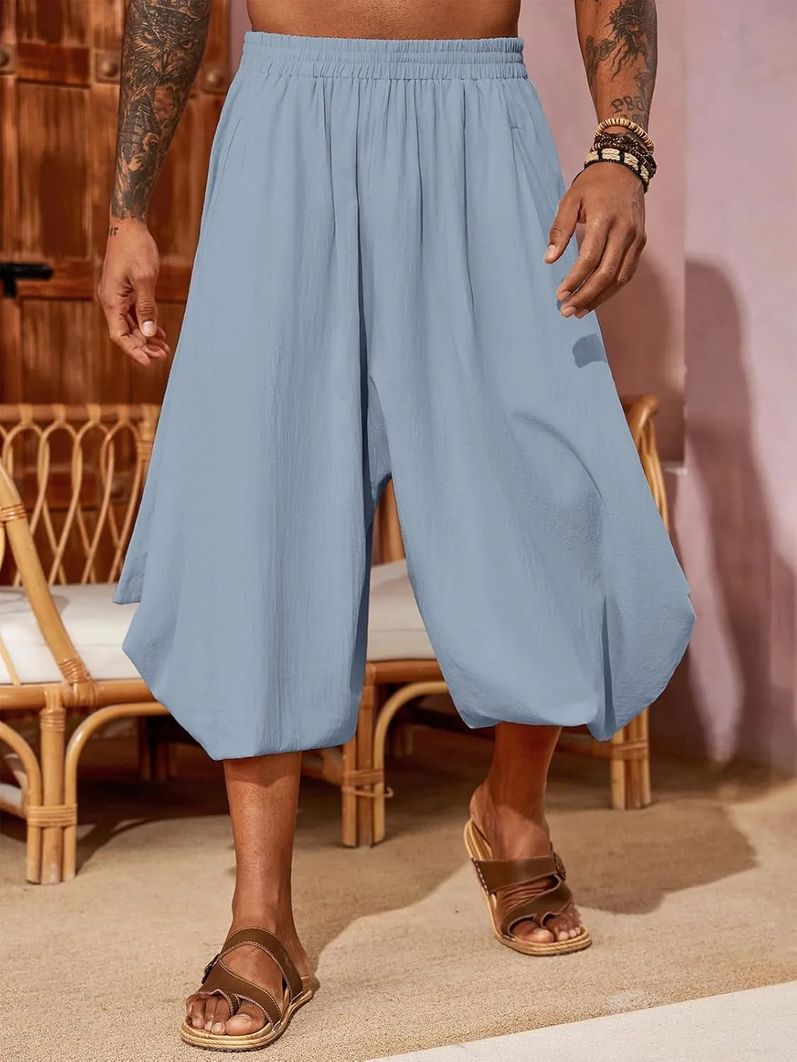PASLTER Mens Harem Pants Linen Yoga Beach Baggy Summer Boho Aladdin Genie Pants