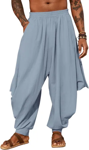 PASLTER Mens Harem Pants Linen Yoga Beach Baggy Summer Boho Aladdin Genie Pants