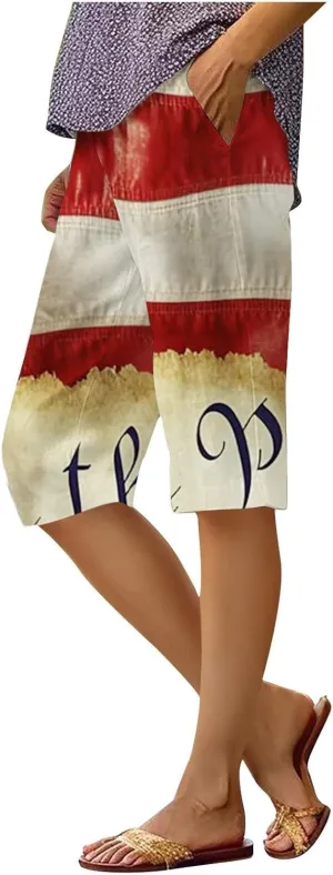 Patriotic Bermuda Shorts for Women Knee Length Independence Day Elastic Waist Loose American Flag Print Wide Leg Pants