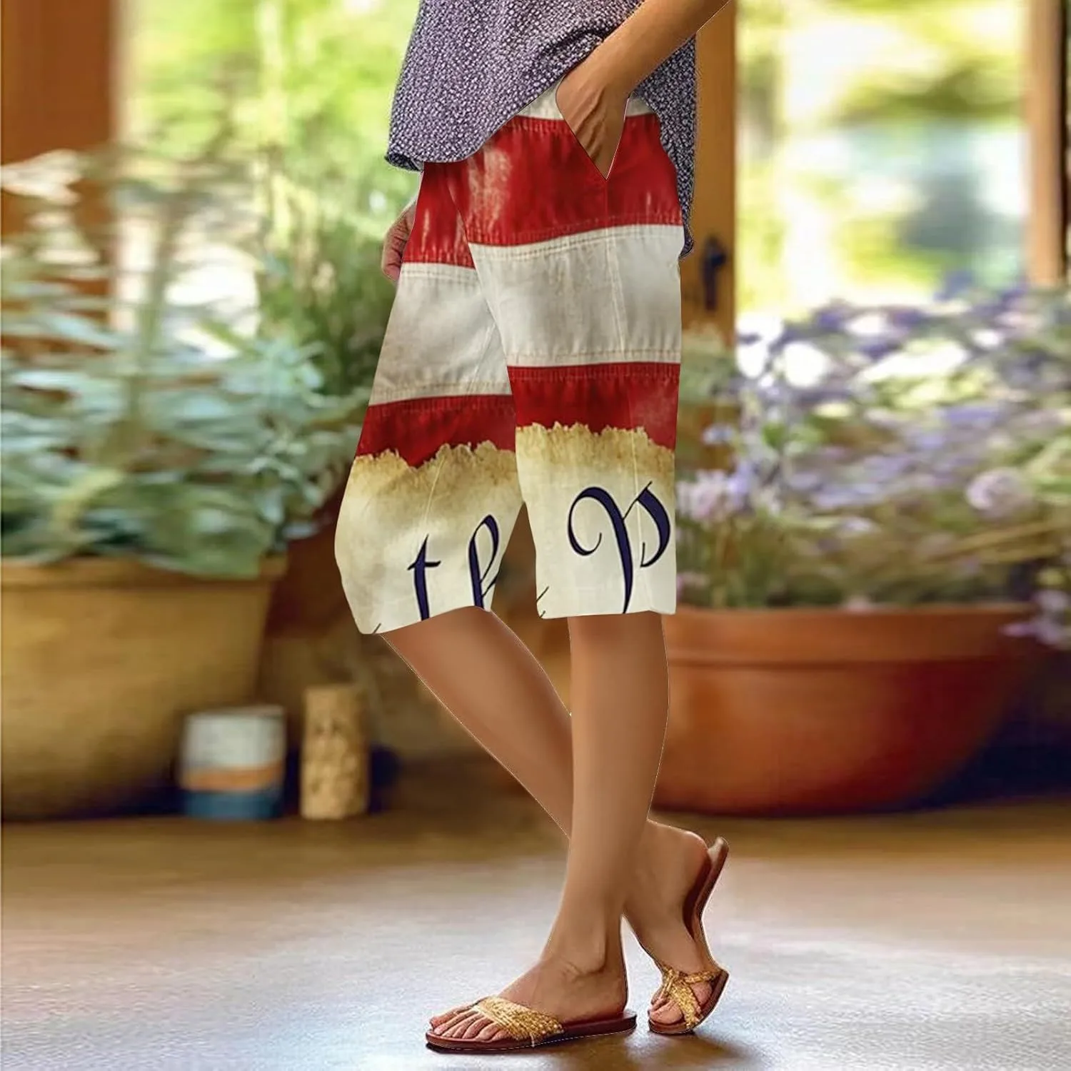 Patriotic Bermuda Shorts for Women Knee Length Independence Day Elastic Waist Loose American Flag Print Wide Leg Pants