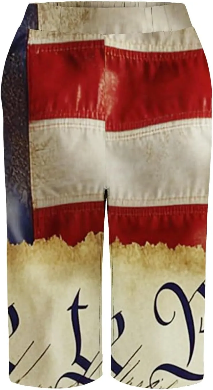 Patriotic Bermuda Shorts for Women Knee Length Independence Day Elastic Waist Loose American Flag Print Wide Leg Pants
