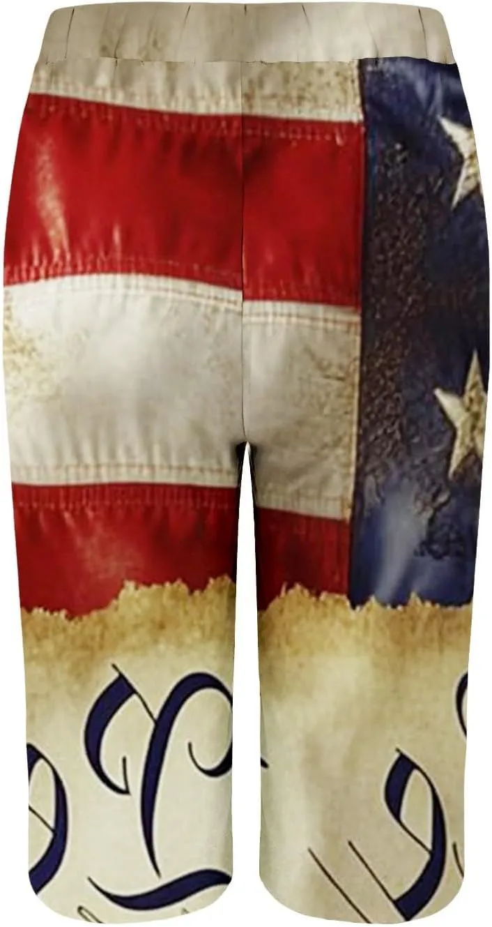 Patriotic Bermuda Shorts for Women Knee Length Independence Day Elastic Waist Loose American Flag Print Wide Leg Pants