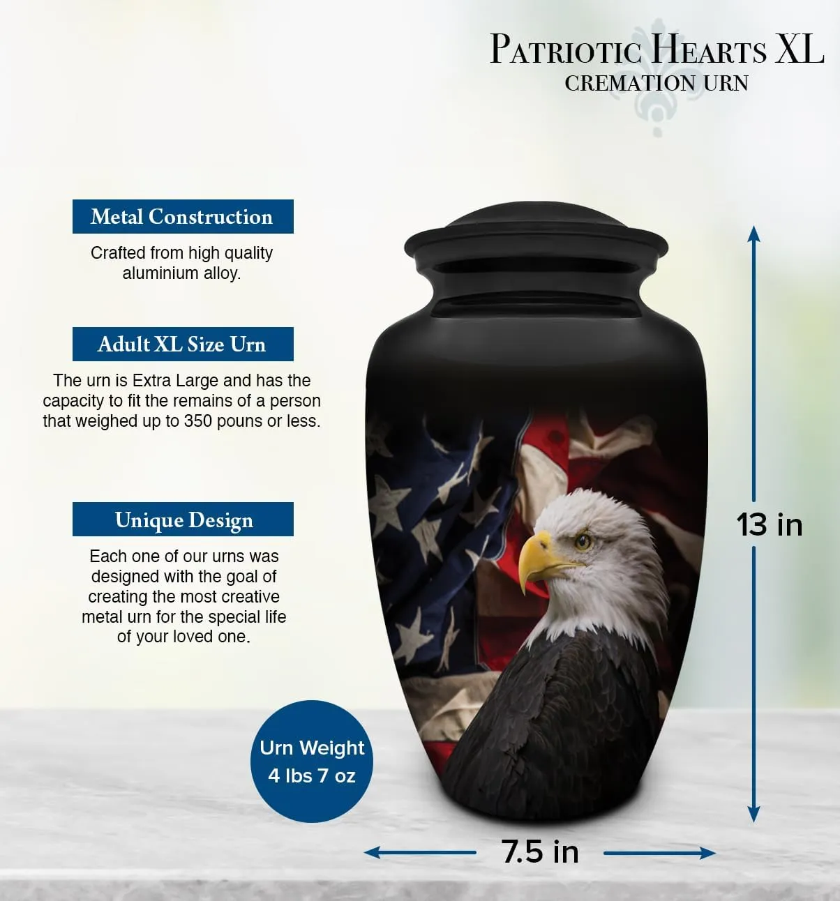 Patriotic Hearts Eagle Extra Large Urn for Human Ashes | American Flag Cremation Urn for Adults, Veteran, Extra Large Size, Handmade Funeral Urns with Velvet Bag