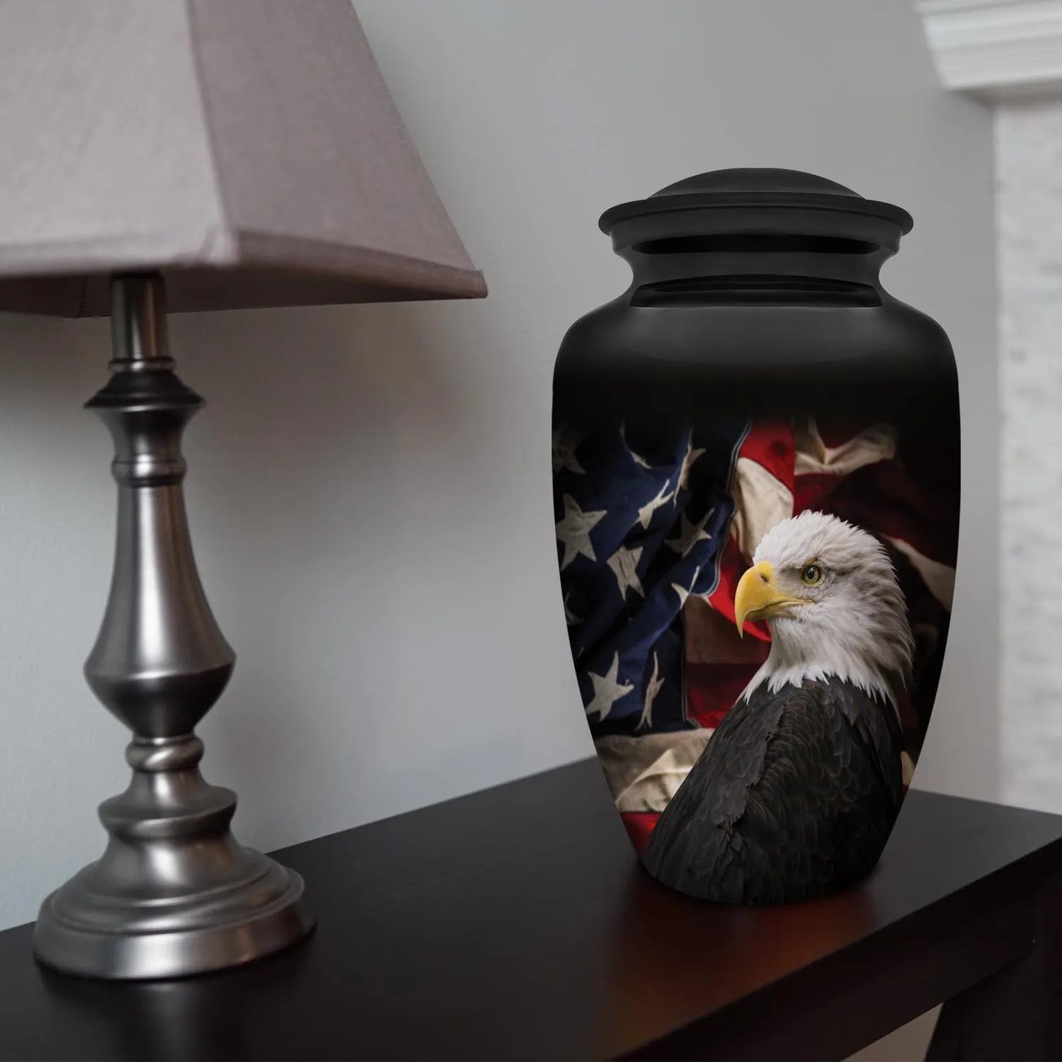 Patriotic Hearts Eagle Extra Large Urn for Human Ashes | American Flag Cremation Urn for Adults, Veteran, Extra Large Size, Handmade Funeral Urns with Velvet Bag