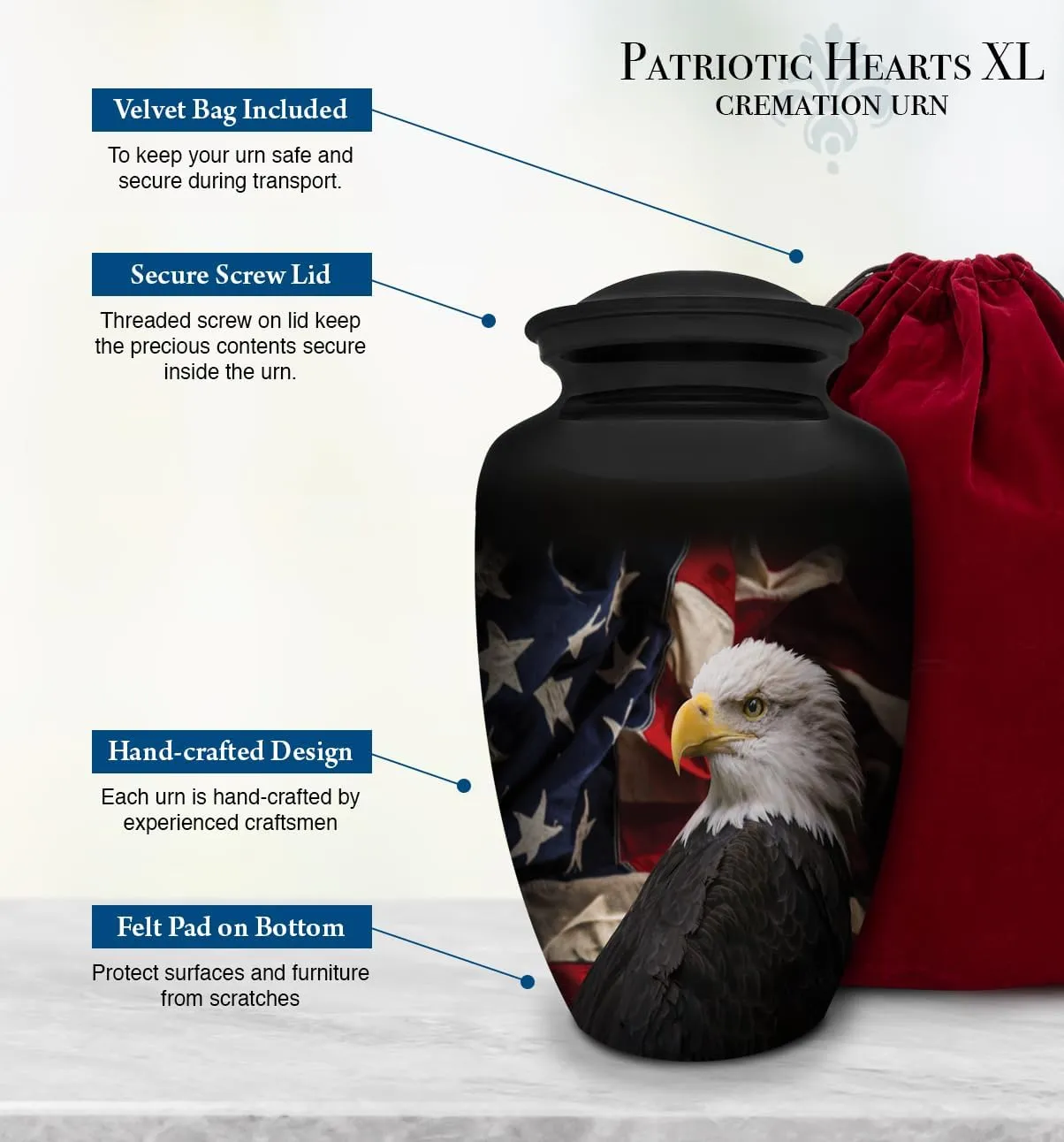 Patriotic Hearts Eagle Extra Large Urn for Human Ashes | American Flag Cremation Urn for Adults, Veteran, Extra Large Size, Handmade Funeral Urns with Velvet Bag