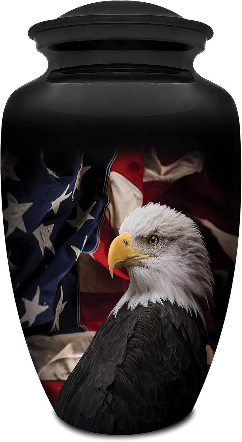 Patriotic Hearts Eagle Extra Large Urn for Human Ashes | American Flag Cremation Urn for Adults, Veteran, Extra Large Size, Handmade Funeral Urns with Velvet Bag