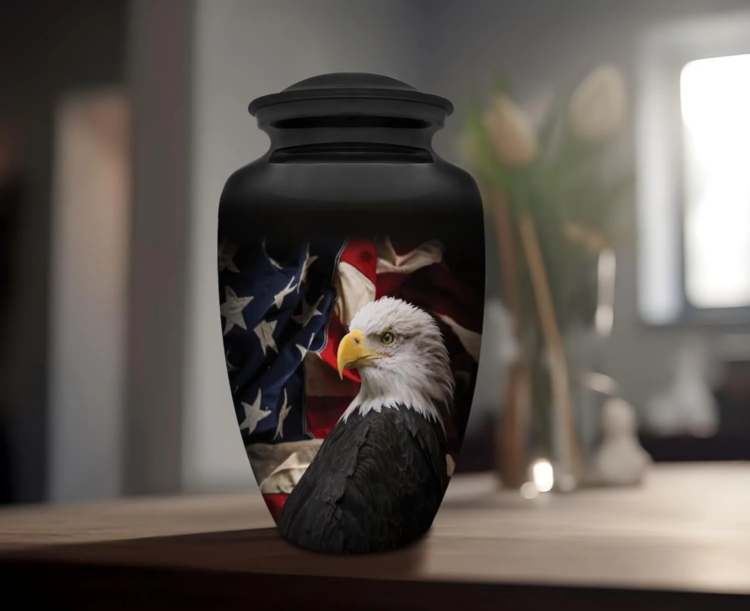Patriotic Hearts Eagle Extra Large Urn for Human Ashes | American Flag Cremation Urn for Adults, Veteran, Extra Large Size, Handmade Funeral Urns with Velvet Bag