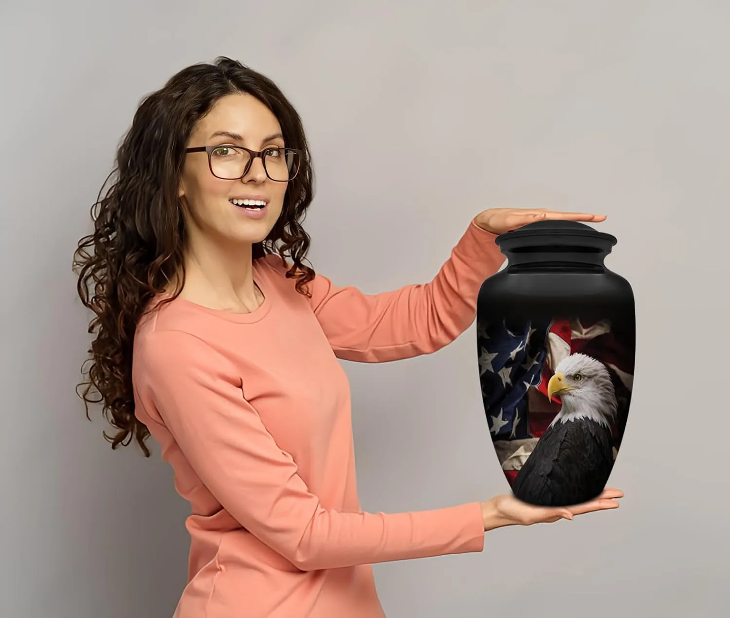 Patriotic Hearts Eagle Extra Large Urn for Human Ashes | American Flag Cremation Urn for Adults, Veteran, Extra Large Size, Handmade Funeral Urns with Velvet Bag