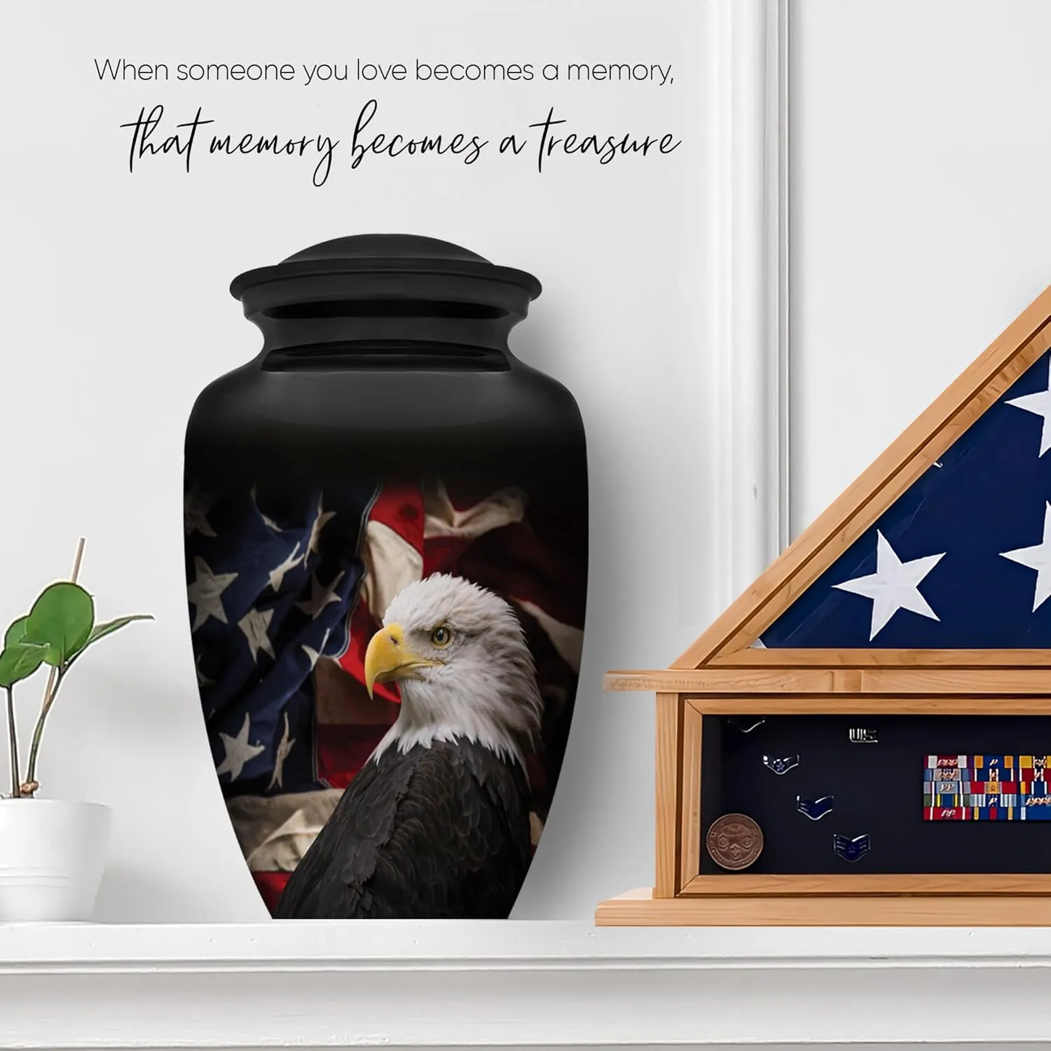Patriotic Hearts Eagle Extra Large Urn for Human Ashes | American Flag Cremation Urn for Adults, Veteran, Extra Large Size, Handmade Funeral Urns with Velvet Bag