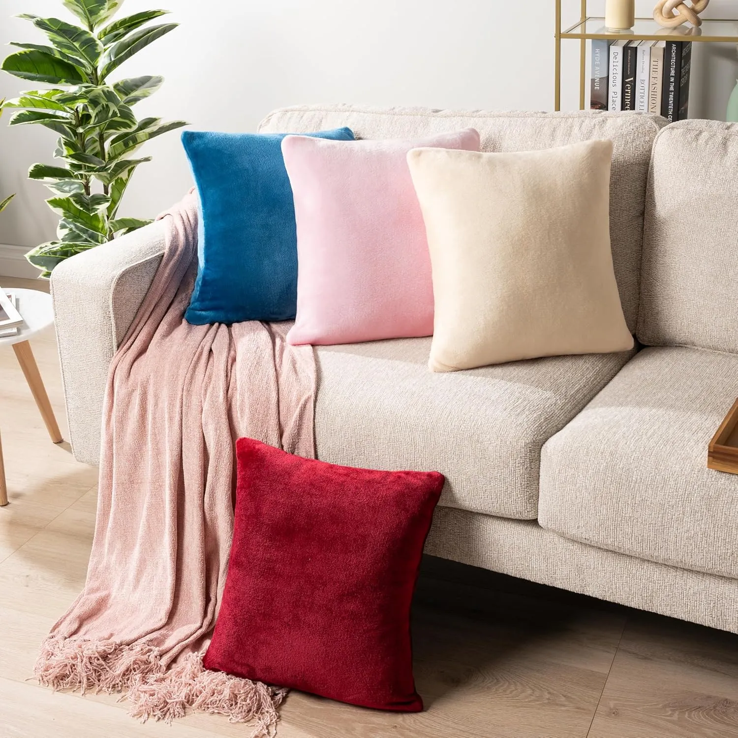PAVILIA Light Pink Throw Pillow Covers 20x20 Set of 2, Decorative Pillow Cases for Bed Sofa Couch, Boho Aesthetic Accent Decor Cushion Bedroom Living Room, Velvet Square Euro Sham Covers, Blush Pink