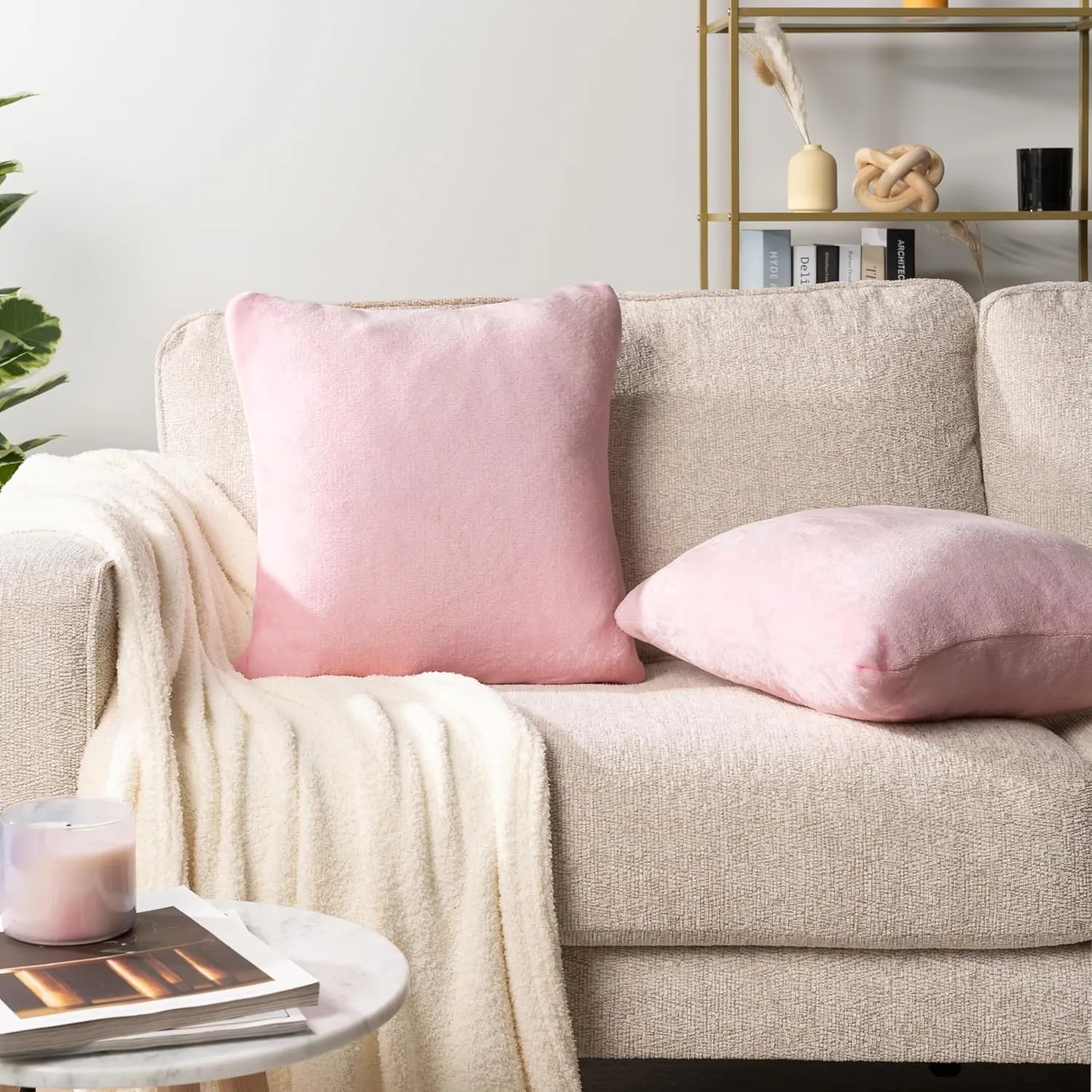 PAVILIA Light Pink Throw Pillow Covers 20x20 Set of 2, Decorative Pillow Cases for Bed Sofa Couch, Boho Aesthetic Accent Decor Cushion Bedroom Living Room, Velvet Square Euro Sham Covers, Blush Pink